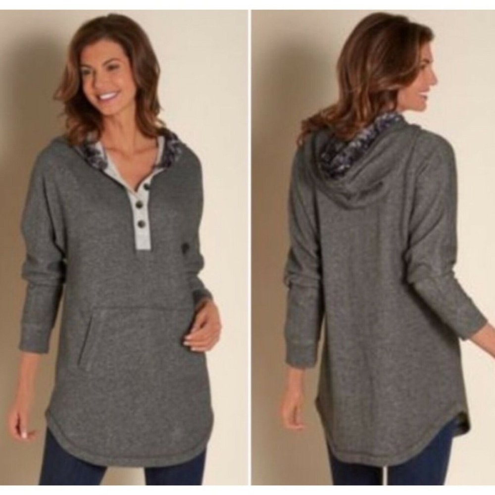 Soft Surroundings Womens Hoodie Sweatshirt Small Grey Pullover Faux Fur Trimmed